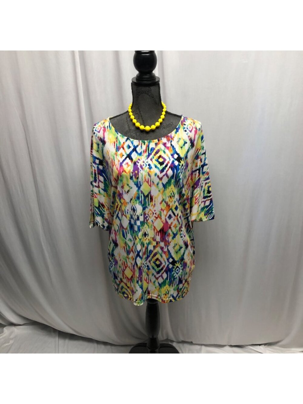 Erin London Womens Multicolor Abstract Print Top Sz Large Stretchy Short Sleeve